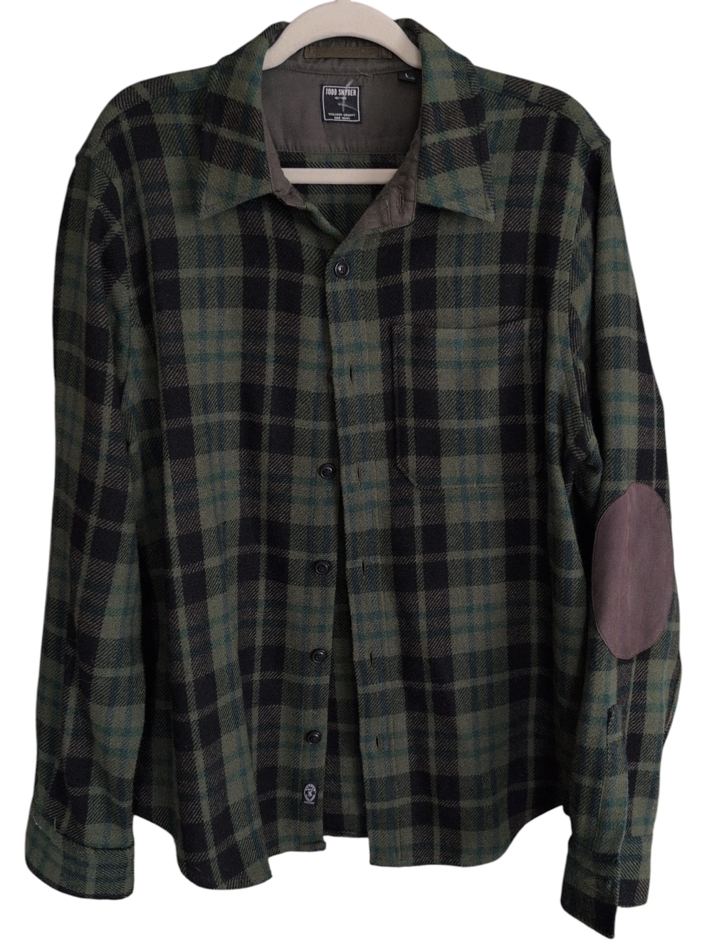 Todd Snyder Green and Black Plaid Shirt with Suede Elbow Patches